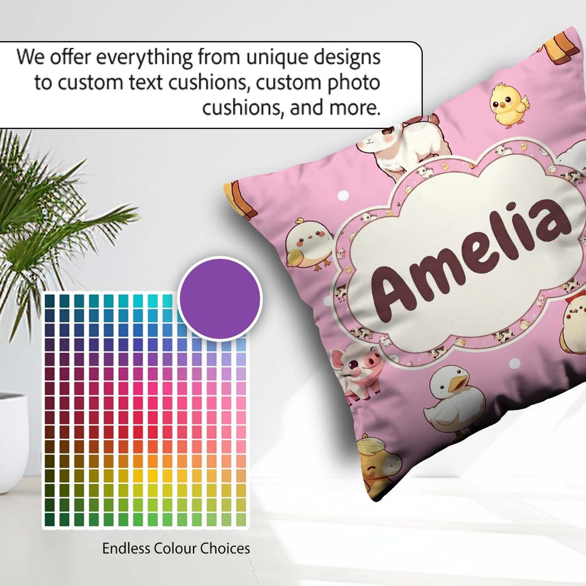 Custom Name Farm Animals Cow Goat Pig Chicken Rose Pink Seamless Square Filled Cushion Throw Pillow Sofa Bed Home Decor Zip Washable UK Made