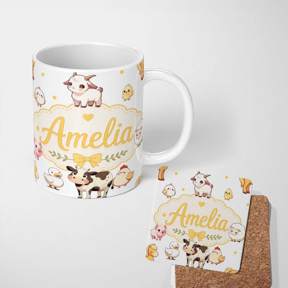 Personalized Custom Name Cute Farm Animals Cow Goat Pig Chicken Grey Dots Seamless Pattern 11oz Ceramic Coffee Tea Mug White Large Handle