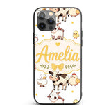 Cute Farm Animals Cow Goat Pig Chicken Grey Dots Custom Name Protective Phone Case Mobile Cover Durable Everyday Smartphone Shock Resistant