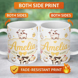 Personalized Custom Name Cute Farm Animals Cow Goat Pig Chicken Grey Dots Seamless Pattern 11oz Ceramic Coffee Tea Mug White Large Handle