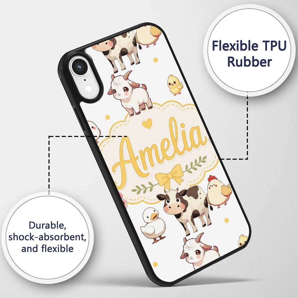 Cute Farm Animals Cow Goat Pig Chicken Grey Dots Custom Name Protective Phone Case Mobile Cover Durable Everyday Smartphone Shock Resistant