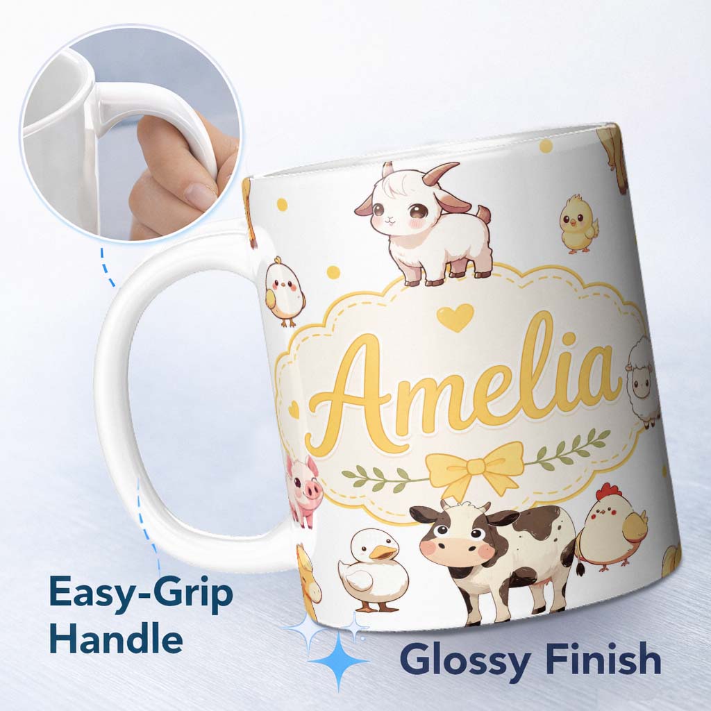 Personalized Custom Name Cute Farm Animals Cow Goat Pig Chicken Grey Dots Seamless Pattern 11oz Ceramic Coffee Tea Mug White Large Handle