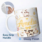 Personalized Custom Name Cute Farm Animals Cow Goat Pig Chicken Grey Dots Seamless Pattern 11oz Ceramic Coffee Tea Mug White Large Handle