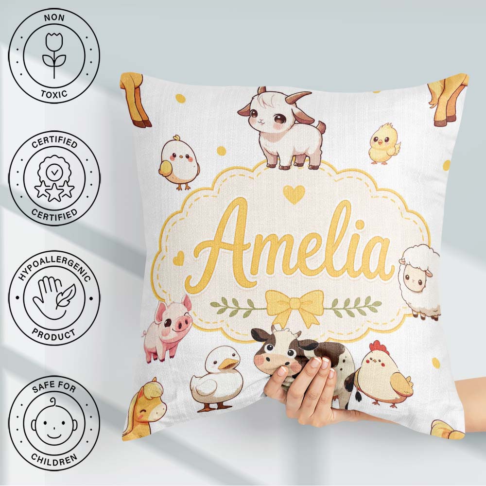 Custom Name Farm Animals Cow Goat Pig Chicken Grey Dots Seamless Square Filled Cushion Throw Pillow Sofa Bed Home Decor Zip Washable UK Made