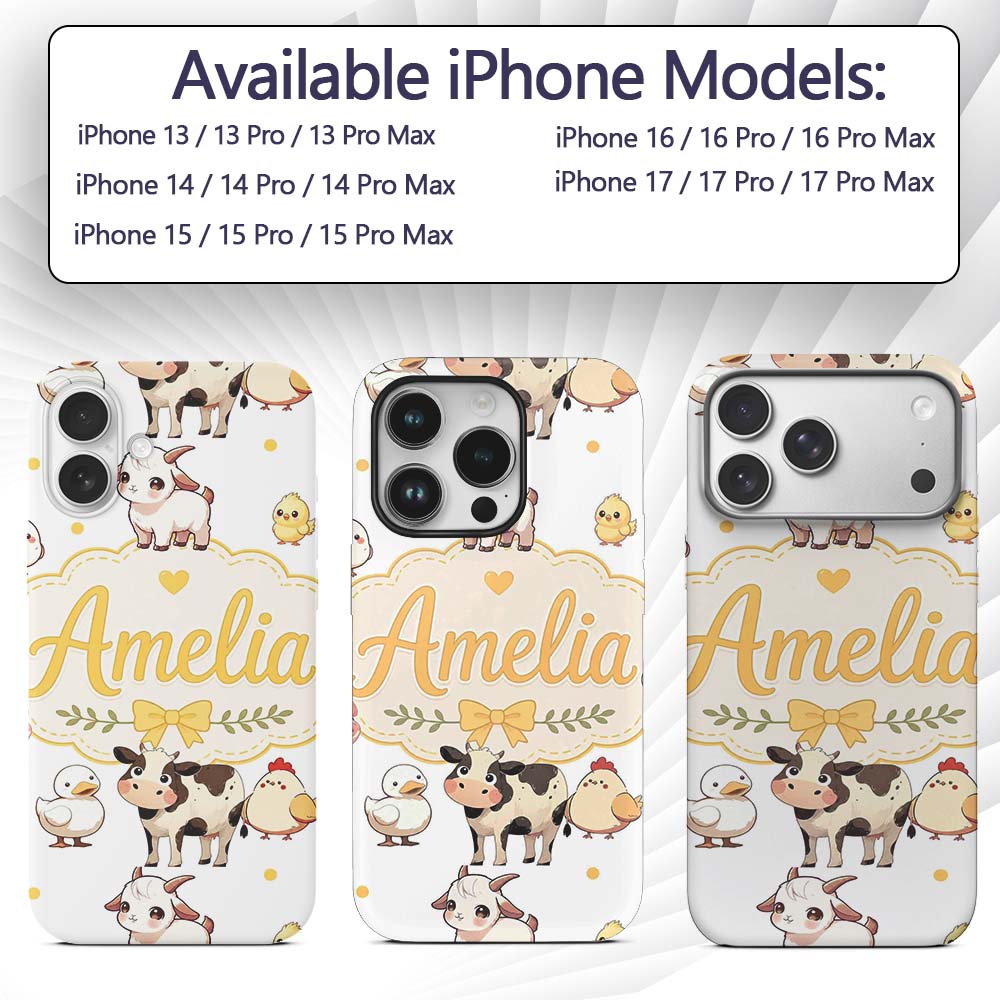Cute Farm Animals Cow Goat Pig Chicken Grey Dots Custom Name Protective Phone Case Mobile Cover Durable Everyday Smartphone Shock Resistant