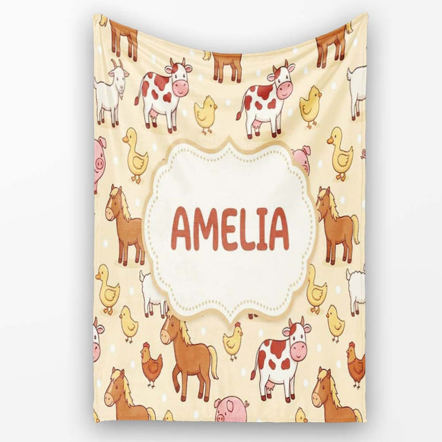 Cute Farm Animals Cow Goat Pig Chicken Yellow Dots Seamless Pattern  Personalised Custom Name Super Soft Fleece Blanket Bed Sofa Throw