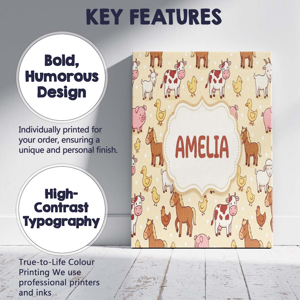 Personalised Name Cute Farm Animals Cow Custom  Modern Room Accent Elegant Feature Canvas Wall Art Print Decor Picture Ready to Hang