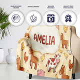 Cute Farm Animals Cow Goat Pig Chicken Yellow Dots Seamless Pattern  Personalised Custom Name Super Soft Fleece Blanket Bed Sofa Throw