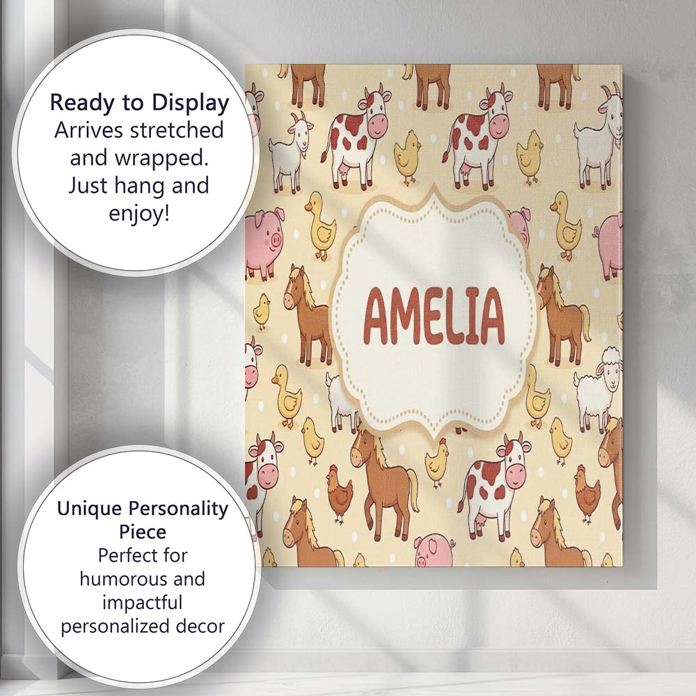 Personalised Name Cute Farm Animals Cow Custom  Modern Room Accent Elegant Feature Canvas Wall Art Print Decor Picture Ready to Hang