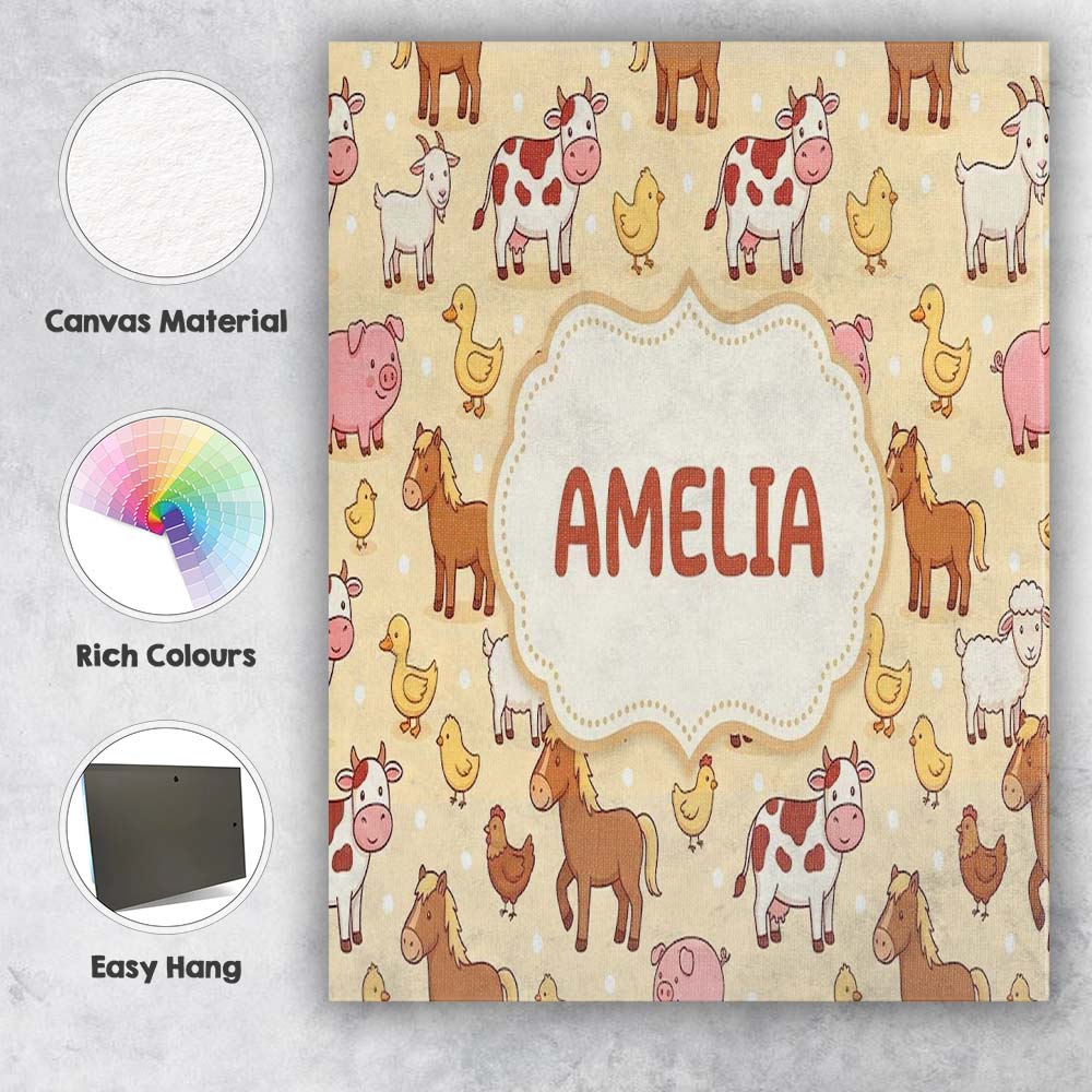 Personalised Name Cute Farm Animals Cow Custom  Modern Room Accent Elegant Feature Canvas Wall Art Print Decor Picture Ready to Hang