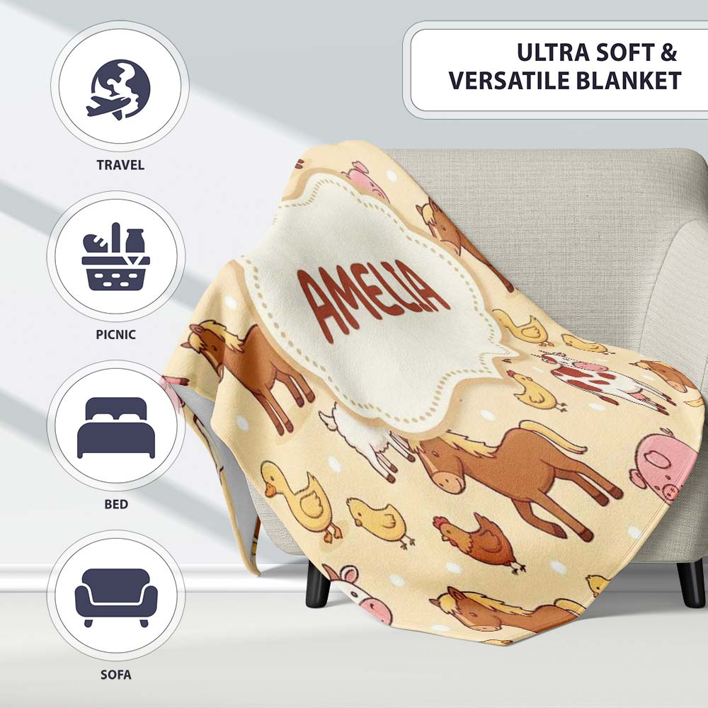 Cute Farm Animals Cow Goat Pig Chicken Yellow Dots Seamless Pattern  Personalised Custom Name Super Soft Fleece Blanket Bed Sofa Throw