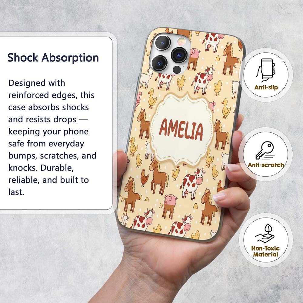 Cute Farm Animals Cow Goat Pig Chicken Yellow Custom Name Protective Phone Case Mobile Cover Durable Everyday Smartphone Shock Resistant