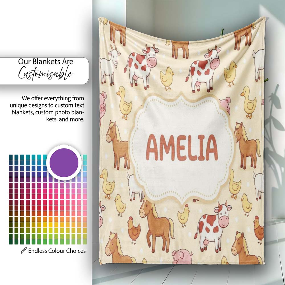 Cute Farm Animals Cow Goat Pig Chicken Yellow Dots Seamless Pattern  Personalised Custom Name Super Soft Fleece Blanket Bed Sofa Throw