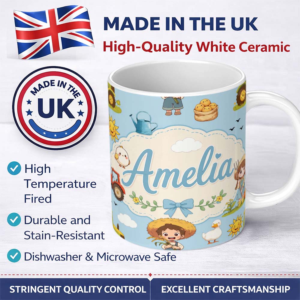 Personalized Custom Name Cute Farm Tractor Farmer Duck Sun Cloud Seamless Pattern Name 11oz Ceramic Coffee Tea Mug White Large Handle