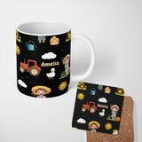 Personalized Custom Name Cute Farm Tractor Farmer Duck Night Seamless Pattern Name Unique 11oz Ceramic Coffee Tea Mug White Large Handle