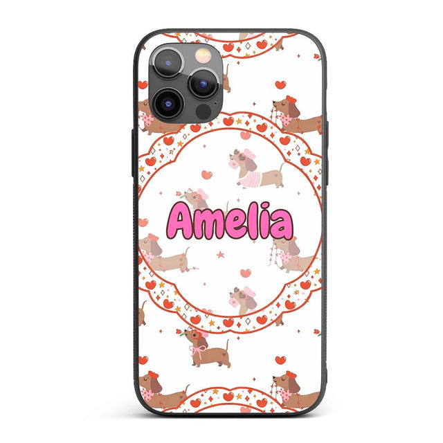 Cute Dachshund Valentine Hearts Love Seamless Custom Name Protective Phone Case Mobile Cover Durable Everyday Smartphone Shock Resistant