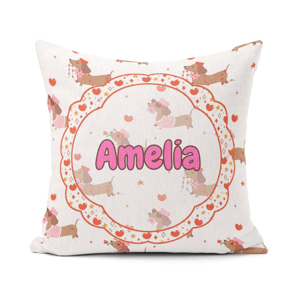 Custom Name Cute Dachshund Valentine Hearts Seamless Pattern Square Filled Cushion Throw Pillow Sofa Bed Home Decor Zip Washable UK Made