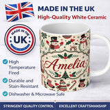 Personalized Custom Name Cute Snowman Candy Cane Trees Seamless Pattern Festive Holiday 11oz Ceramic Coffee Tea Mug White Large Handle