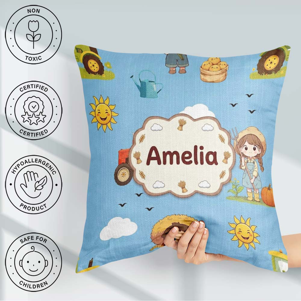 Custom Name Cute Farm Tractor Farmer Duck Blue Sky Seamless Name Square Filled Cushion Throw Pillow Sofa Bed Home Decor Zip Washable UK Made