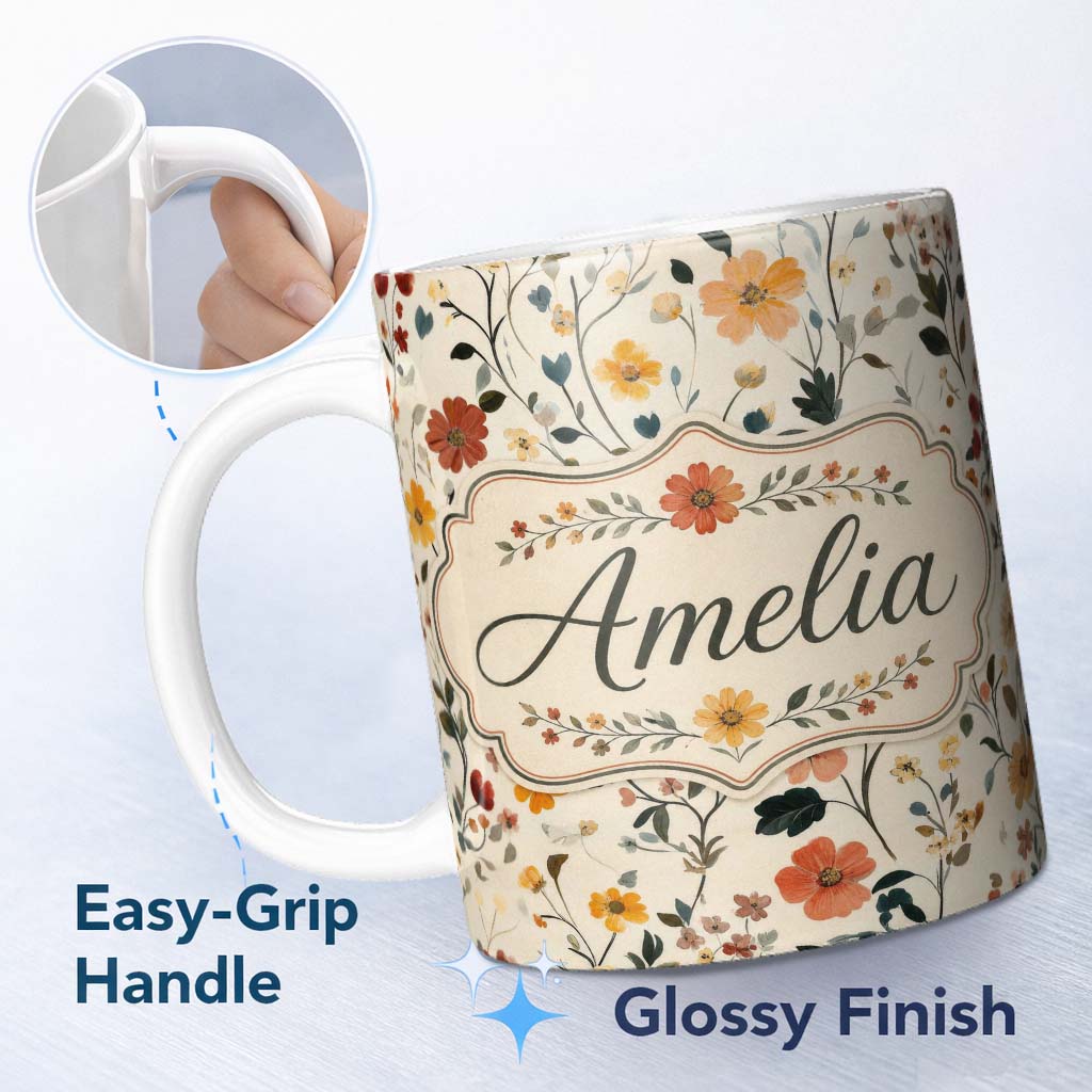 Personalized Custom Name Delicate Autumn Floral Botanical with Soft Leaves Seamless Pattern 11oz Ceramic Coffee Tea Mug White Large Handle