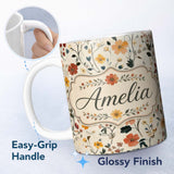 Personalized Custom Name Delicate Autumn Floral Botanical with Soft Leaves Seamless Pattern 11oz Ceramic Coffee Tea Mug White Large Handle