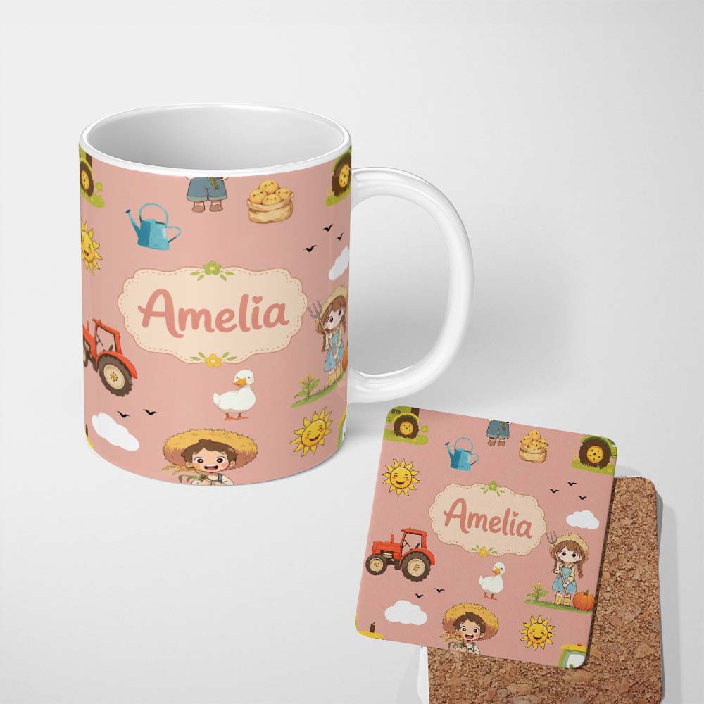 Personalized Custom Name Cute Farm Tractor Farmer Duck Sun Clouds Peach Seamless Pattern Name 11oz Ceramic Coffee Tea Mug White Large Handle
