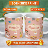Personalized Custom Name Cute Farm Tractor Farmer Duck Sun Clouds Peach Seamless Pattern Name 11oz Ceramic Coffee Tea Mug White Large Handle