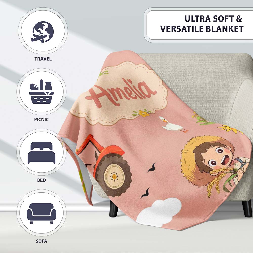 Cute Farm Tractor Farmer Duck Sun Clouds Peach Seamless Pattern Name  Personalised Custom Name Super Soft Fleece Blanket Bed Sofa Throw