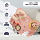 Cute Farm Tractor Farmer Duck Sun Clouds Peach Seamless Pattern Name  Personalised Custom Name Super Soft Fleece Blanket Bed Sofa Throw
