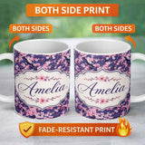Personalized Custom Name Pink Cherry Blossom Branches Purple Background Seamless Pattern 11oz Ceramic Coffee Tea Mug White Large Handle