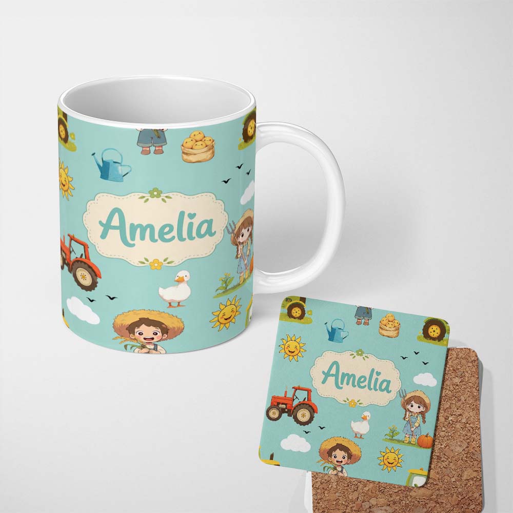 Personalized Custom Name Cute Farm Tractor Farmer Duck Sun Clouds Mint Seamless Pattern 11oz Ceramic Coffee Tea Mug White Large Handle