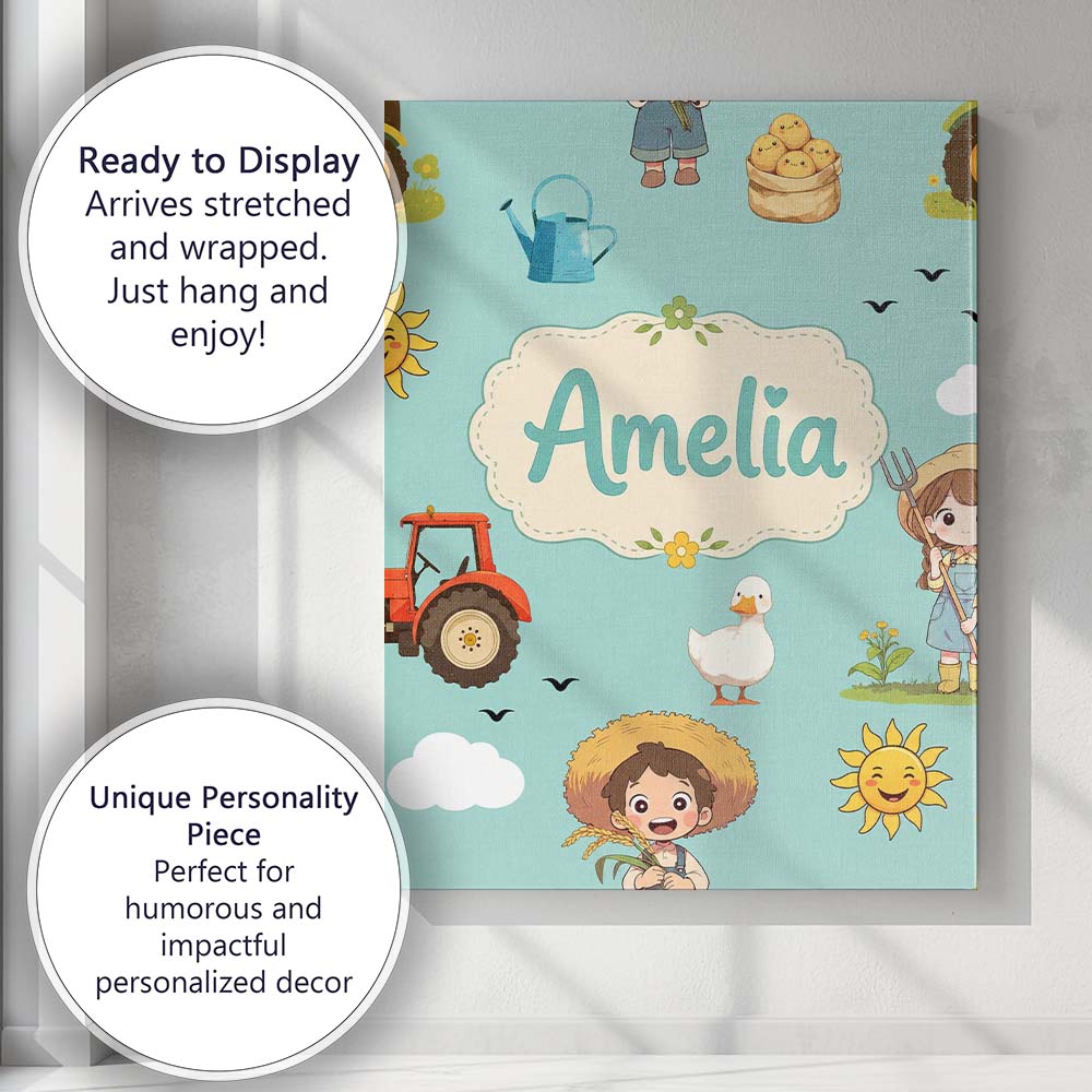 Personalised Name Cute Farm Tractor Farmer Custom  Unique Gift Idea Elegant Feature Canvas Wall Art Print Decor Picture Ready to Hang