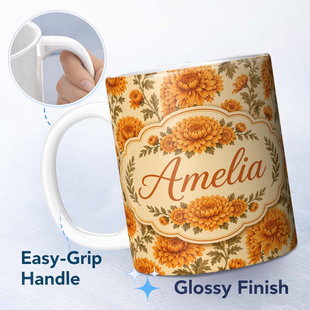 Personalized Custom Name Classic Orange Chrysanthemum Floral Seamless Pattern on Beige Lovely 11oz Ceramic Coffee Tea Mug White Large Handle