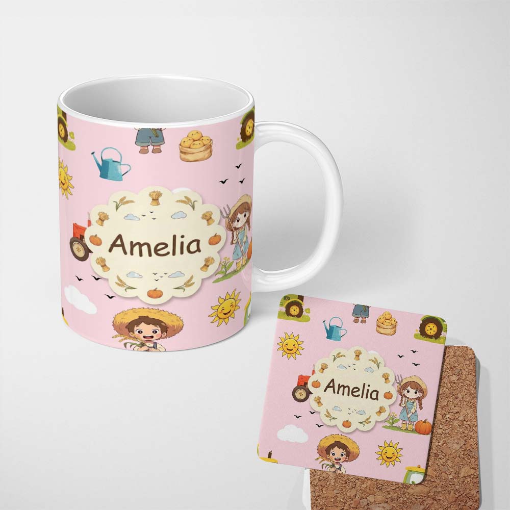 Personalized Custom Name Cute Farm Tractor Farmer Duck Sun Clouds Pink Seamless Pattern 11oz Ceramic Coffee Tea Mug White Large Handle