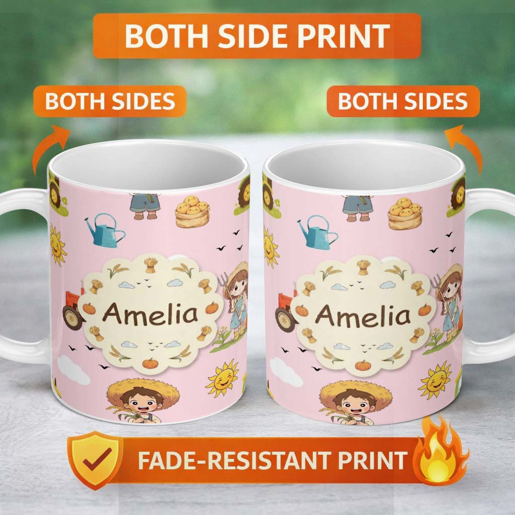 Personalized Custom Name Cute Farm Tractor Farmer Duck Sun Clouds Pink Seamless Pattern 11oz Ceramic Coffee Tea Mug White Large Handle