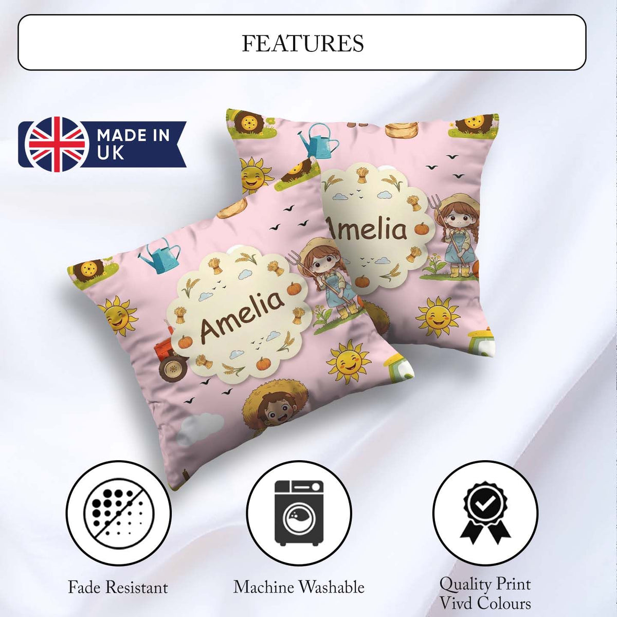 Custom Name Farm Tractor Farmer Duck Sun Clouds Seamless Pattern Square Filled Cushion Throw Pillow Sofa Bed Home Decor Zip Washable UK Made