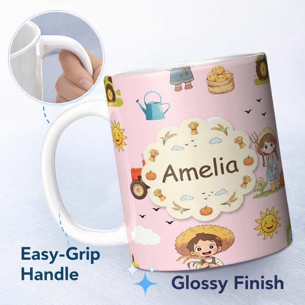 Personalized Custom Name Cute Farm Tractor Farmer Duck Sun Clouds Pink Seamless Pattern 11oz Ceramic Coffee Tea Mug White Large Handle