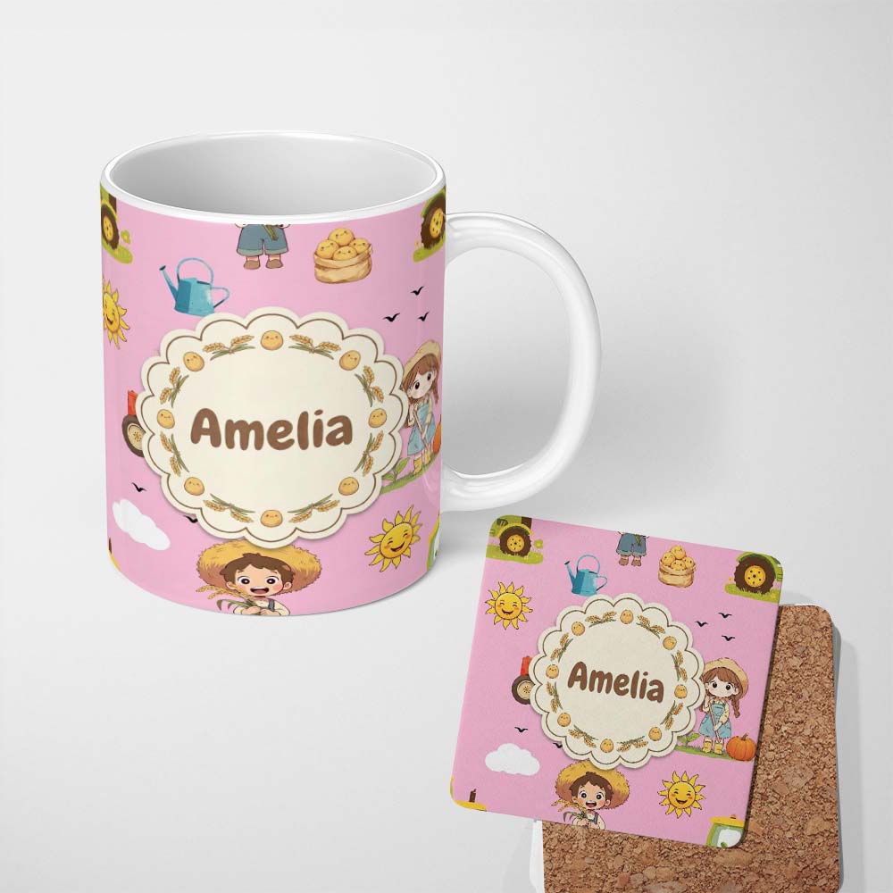 Personalized Custom Name Cute Farm Tractor Farmer Duck Sun Clouds Rose Seamless Pattern 11oz Ceramic Coffee Tea Mug White Large Handle