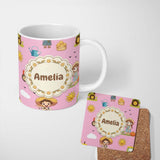 Personalized Custom Name Cute Farm Tractor Farmer Duck Sun Clouds Rose Seamless Pattern 11oz Ceramic Coffee Tea Mug White Large Handle