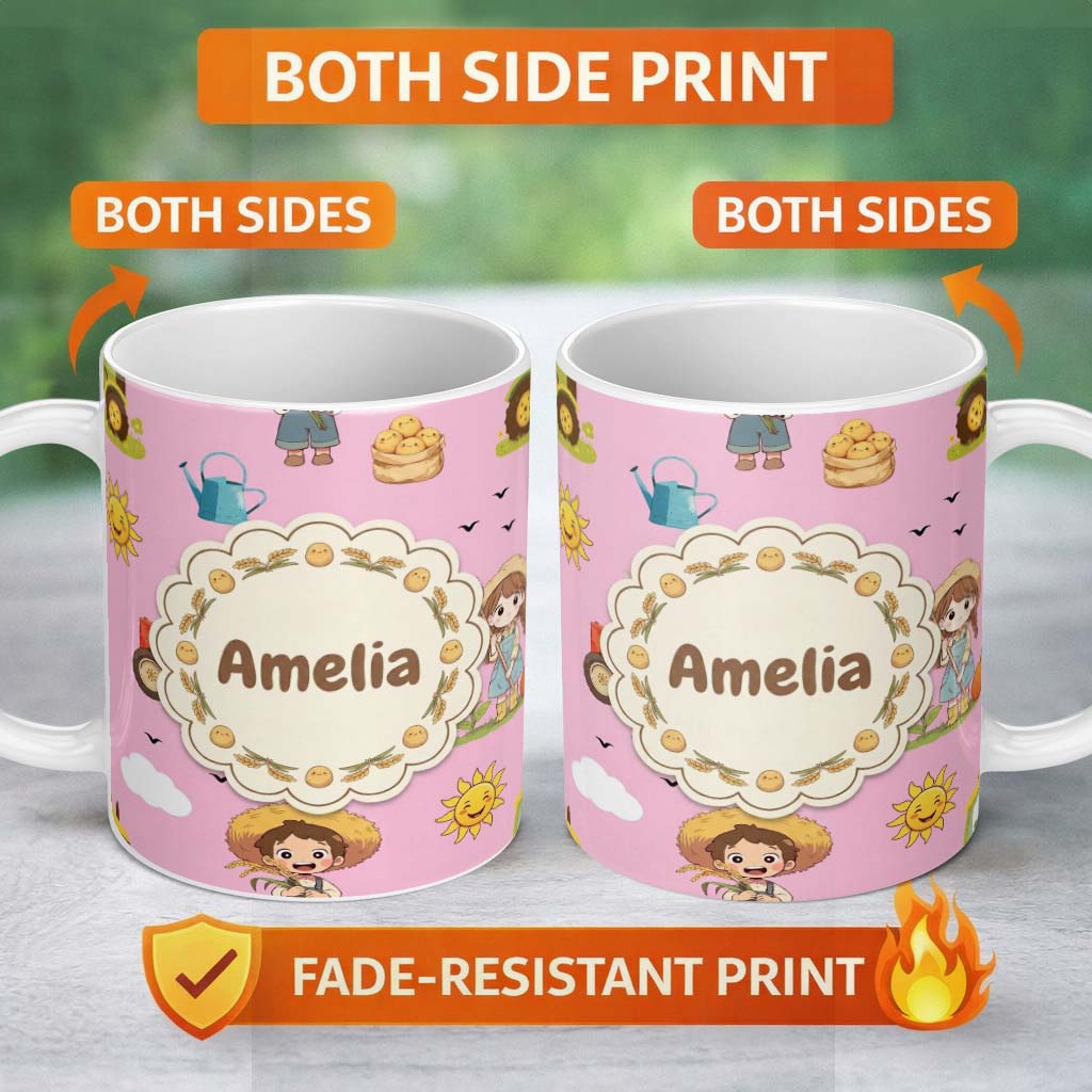 Personalized Custom Name Cute Farm Tractor Farmer Duck Sun Clouds Rose Seamless Pattern 11oz Ceramic Coffee Tea Mug White Large Handle