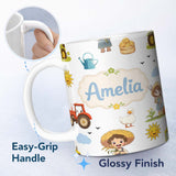 Personalized Custom Name Cute Farm Tractor Farmer Duck Clouds Grey Seamless Pattern Name 11oz Ceramic Coffee Tea Mug White Large Handle