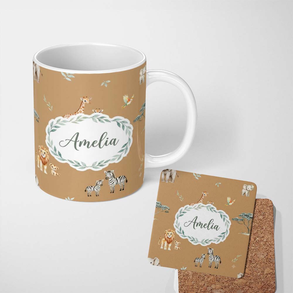 Personalized Custom Name Cute Safari Animals Giraffe Lion Zebra on Brown Background Seamless 11oz Ceramic Coffee Tea Mug White Large Handle