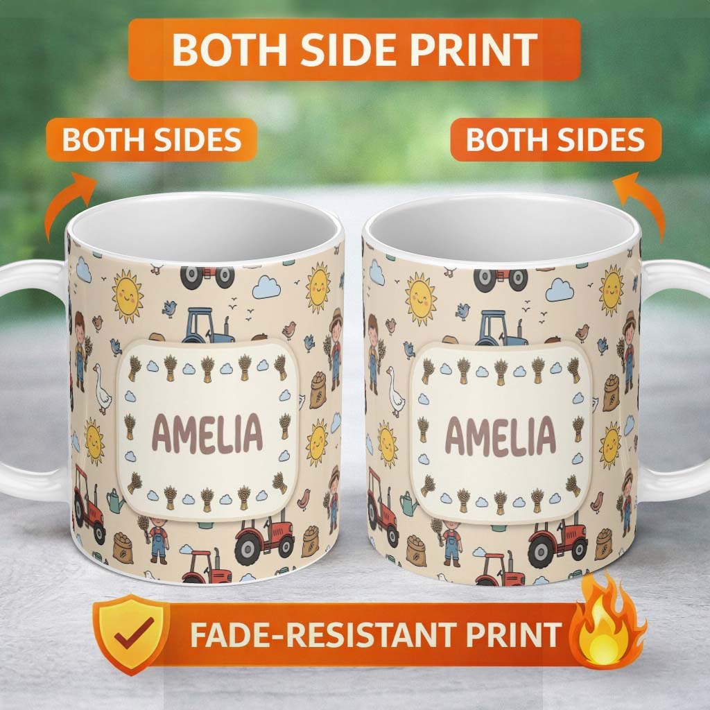 Personalized Custom Name Cute Farm Tractor Farmer Duck Sun Clouds Yellow Seamless Pattern 11oz Ceramic Coffee Tea Mug White Large Handle