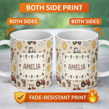 Personalized Custom Name Cute Farm Tractor Farmer Duck Sun Clouds Yellow Seamless Pattern 11oz Ceramic Coffee Tea Mug White Large Handle