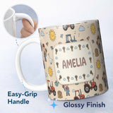 Personalized Custom Name Cute Farm Tractor Farmer Duck Sun Clouds Yellow Seamless Pattern 11oz Ceramic Coffee Tea Mug White Large Handle