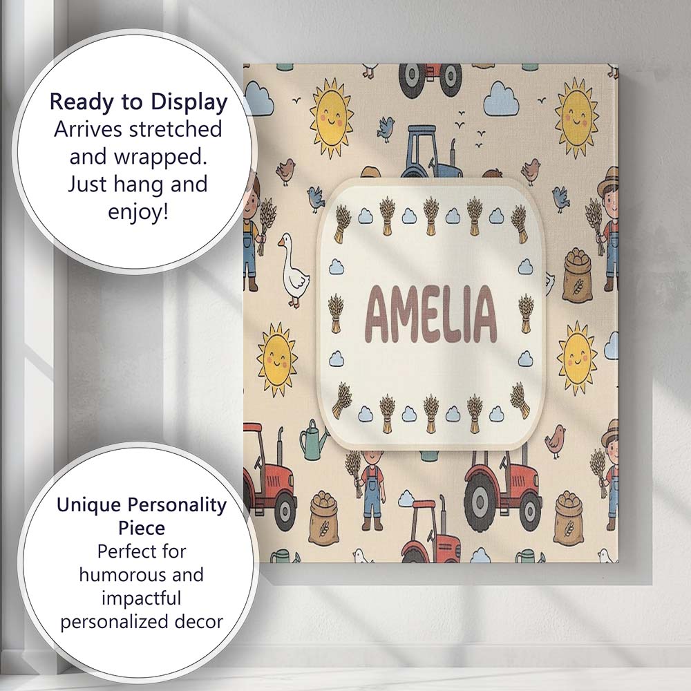 Personalised Name Cute Farm Tractor Farmer Custom  Unique Gift Idea Elegant Feature Canvas Wall Art Print Decor Picture Ready to Hang
