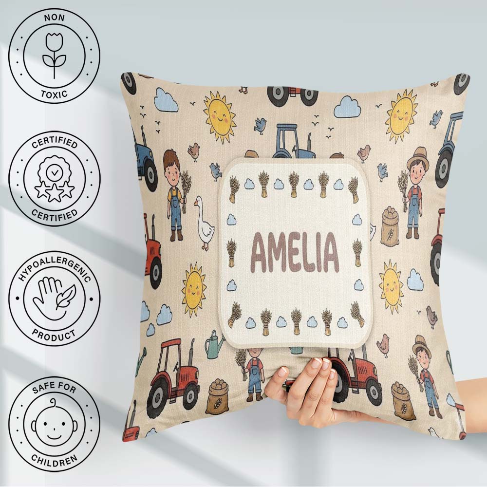Custom Name Farm Tractor Farmer Duck Sun Clouds Seamless Pattern Square Filled Cushion Throw Pillow Sofa Bed Home Decor Zip Washable UK Made