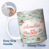 Personalized Custom Name Cute Cake Tile Seamless Pattern Pastel Dessert Sweet Food Design 11oz Ceramic Coffee Tea Mug White Large Handle