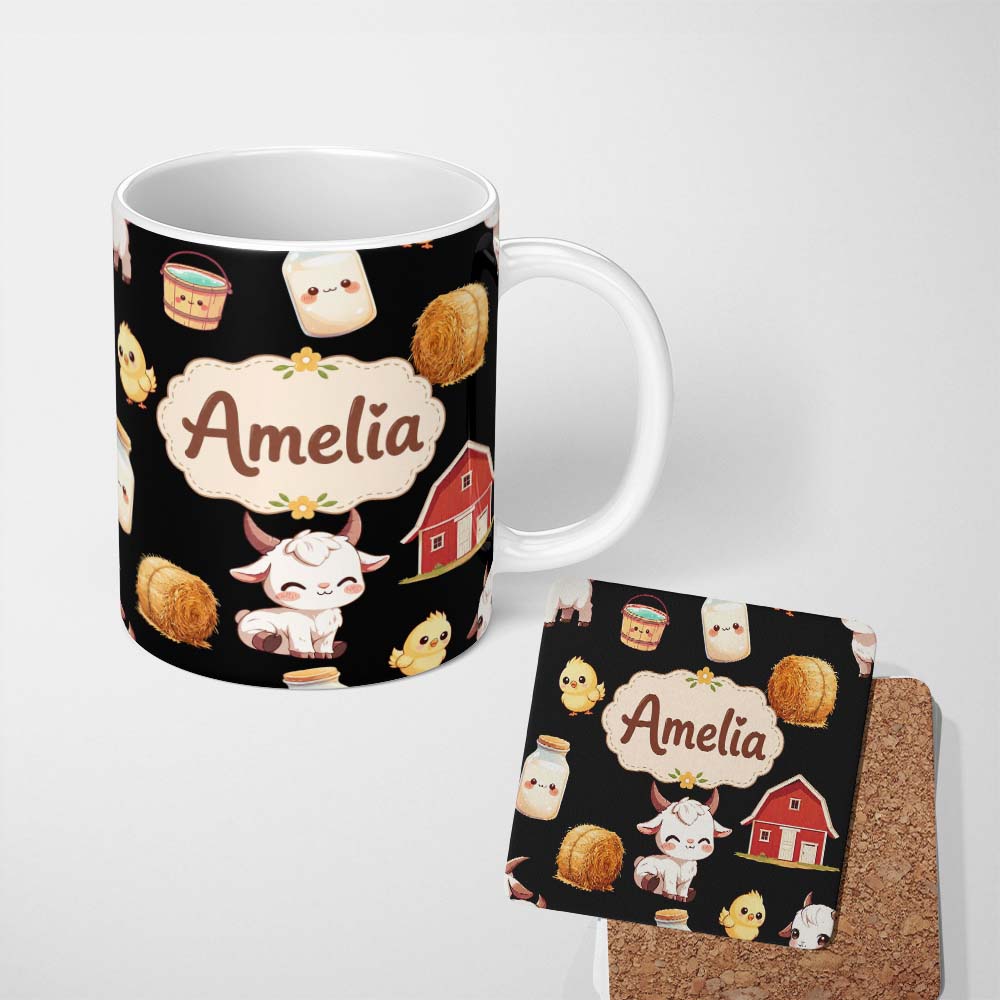 Personalized Custom Name Cute Baby Goat Barn Hay Milk Chick Farm Black Seamless Pattern 11oz Ceramic Coffee Tea Mug White Large Handle