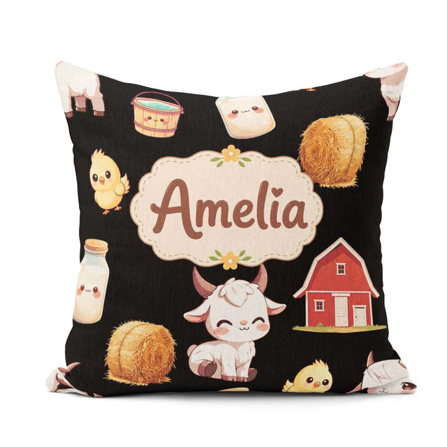 Custom Name Baby Goat Barn Hay Milk Chick Black Seamless Pattern Square Filled Cushion Throw Pillow Sofa Bed Home Decor Zip Washable UK Made